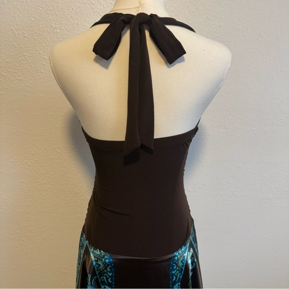 STUDIO Y Vintage Y2K Brown Blue Paisley V Neck Handkerchief Hem Halter Dress - Picture 6 of 11